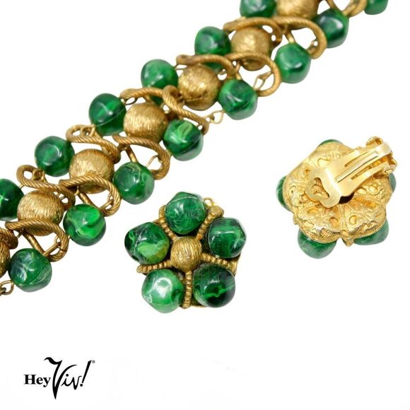 Vintage Bracelet Green Gold Beads w Clip On Earrings Ornate Design - Hey Viv - Picture 3 of 7